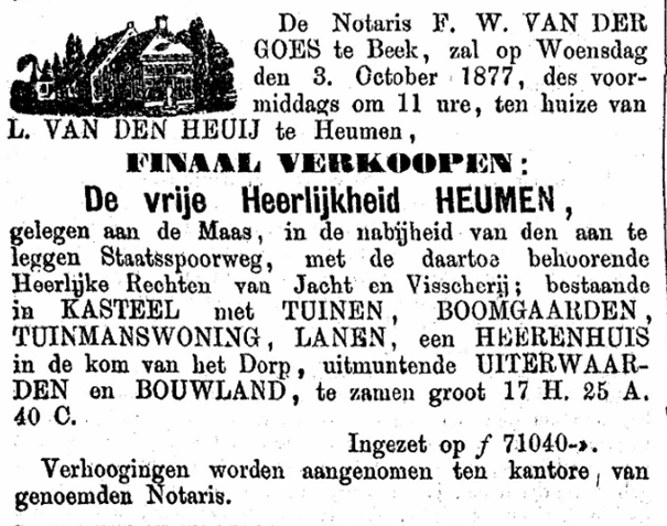 Bericht finaal verkopen de vrije Heerlijkheid Heumen (PGNC 21/9/1877); de veiling daarvan was op 19 september begonnen.