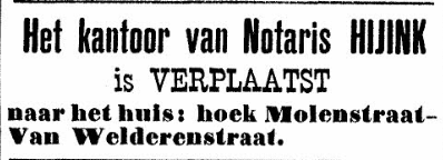 Aankondiging Notaris Hijink Molenstraat 105 (PGNC 5/11/1892)