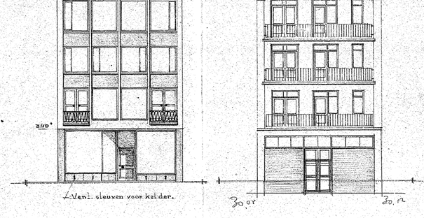 Bestektek. v.h. bouwen van winkelpand met twee bovenwoningen a/d Lange Burchtstr. Te Nijmegen t.n.v. dhr. G.J. Derksten, Architecten Bureau: C. Blanksma-C.J. IJsebrands Guyotstraat 2, tekenaar: Bruyns, datum tekening: december 1953 (D12.418134)
