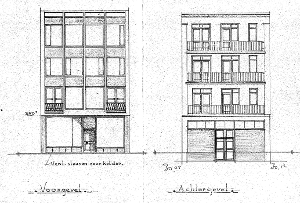 Bestektek. v.h. bouwen van winkelpand met twee bovenwoningen a/d Lange Burchtstr. Te Nijmegen t.n.v. dhr. G.J. Derksten, Architecten Bureau: C. Blanksma-C.J. IJsebrands Guyotstraat 2, tekenaar: Bruyns, datum tekening: december 1953 (D12.418134) 