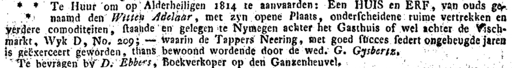 Den Witten Adelaar staat te huur in 1814 (PGNC 9/9/1814)
