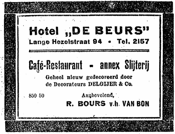 Advertentie Hotel de Bours Lange Hezelstraat 94 (De Gelderlander 9/7/1921)