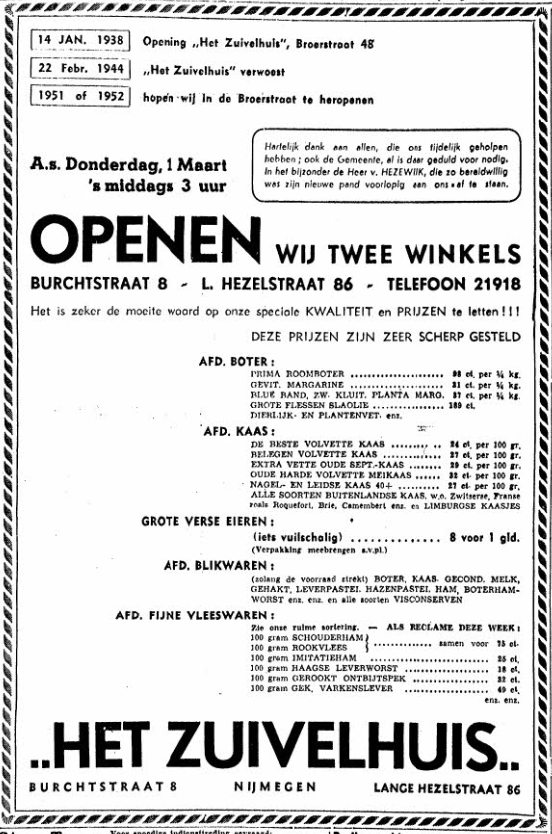 Aankondiging opening Zuivelhuis op Lange Hezelstraat 86 (De Gelderlander 28/2/1951)