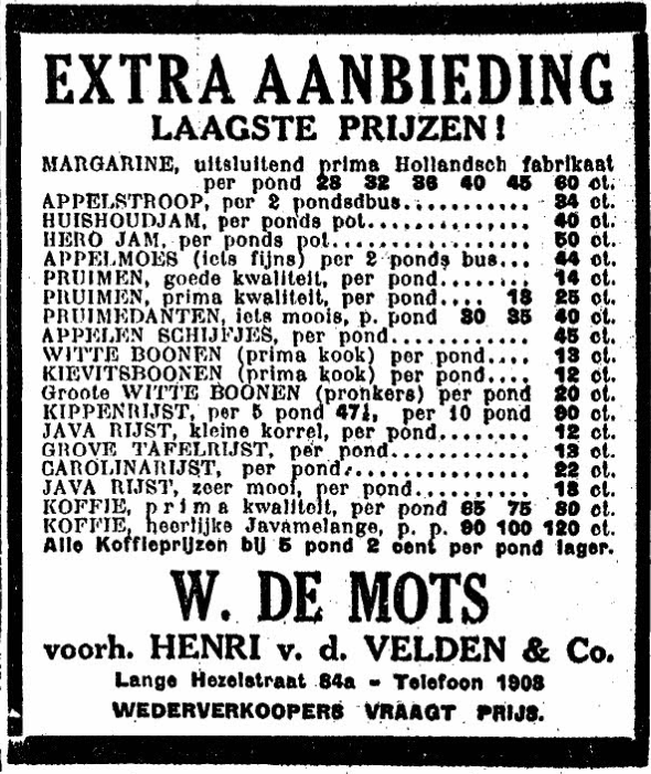 Advertentie W. de Mots Lange Hezelstraat 84a (De Gelderlander 30/3/1928)