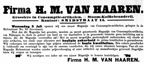 Advertentie opening firma H.M. van Haaren in de Molenstraat (PGNC 5/7/1905)