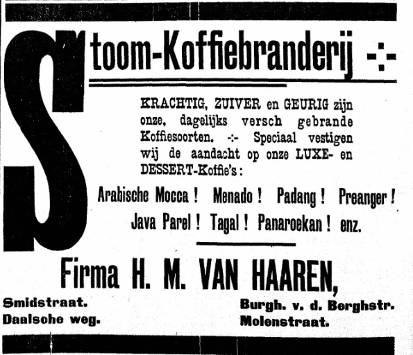Advertentie van Haaren voor haar Stoom-Koffebranderj. Op dezelfde pagima staan die dag ook 2 advertenties voor vleeswaren  (PGNC 19/8/1905).