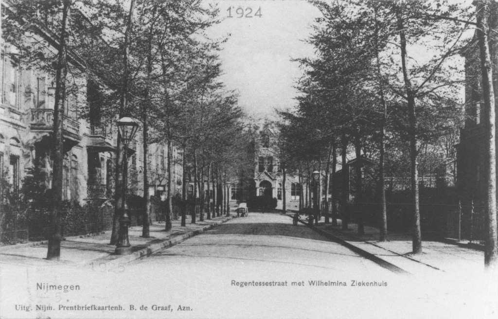 Op de achtergrond het Wilhelmina Ziekenhuis; Vanuit de Mr. Franckenstraat, in de richting van het Wilhelmina Ziekenhuis en de Dr. Claas Noorduijnstraat, 1900-1905 (F32159 RAN) architect Semmelink