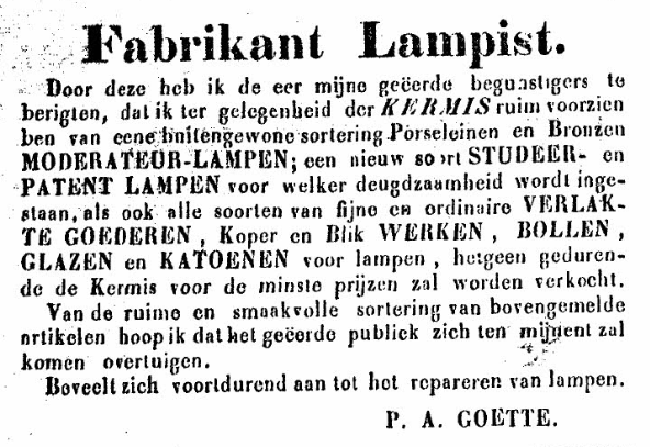 Advertentie Goette moderateur lampen De Gelderlander 4/10/1857