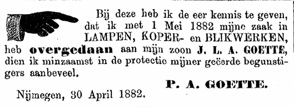 Overname door Joannes Goette PGNC 30/4/1882