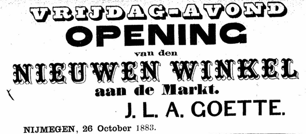 Aankondiging opening Goette Grote Markt 17 (De Gelderlander 26/10/1883)