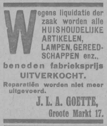 Uitverkoop Goette ivm liquidatie (PGNC 15/5/1918)