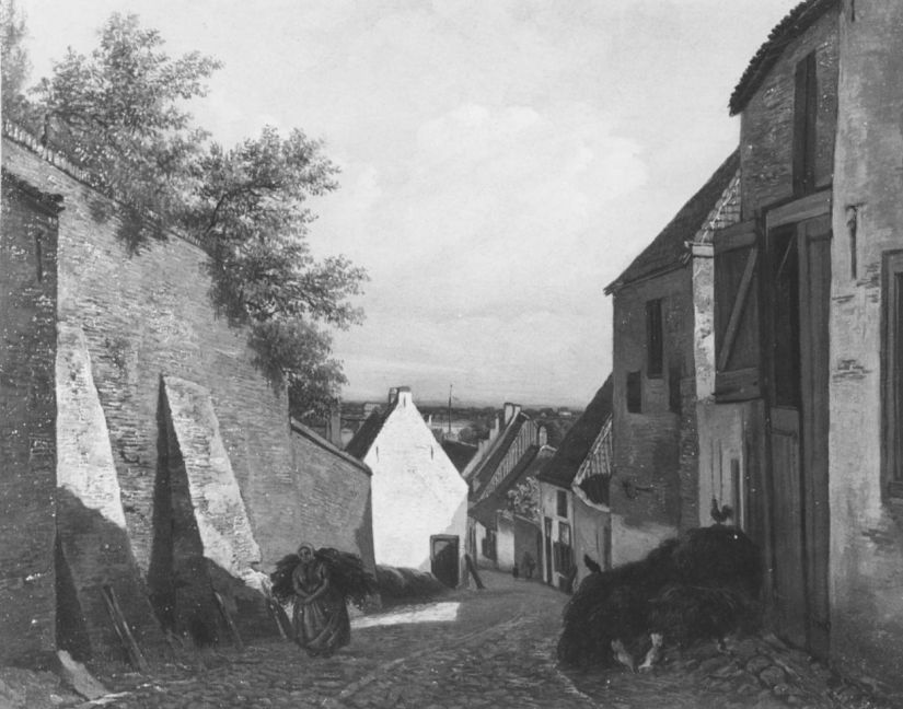 Het gezicht op de Ottengas, vanuit de kruising met de Muchterstraat , met (links) de keermuur van De Klokkenberg, gezien in de richting van de rivier de Waal, een schilderij gemaakt door Hendrik Johannes (Jan Hendrik) Weissenbruch (30 november 1824 - 14 maart 1903), 1850 (Gemeentemuseum Nijmegen via F46474 RAN)