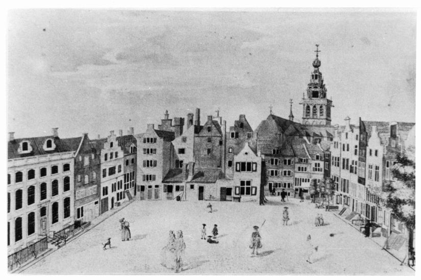 Korenmarkt, en tekening van Koster, op de achtergrond de St.-Stevenskerk, 1770 (Evert F. van der Grinten via 	F78336 RAN CCBYSA tevens Auteursrechthouder)