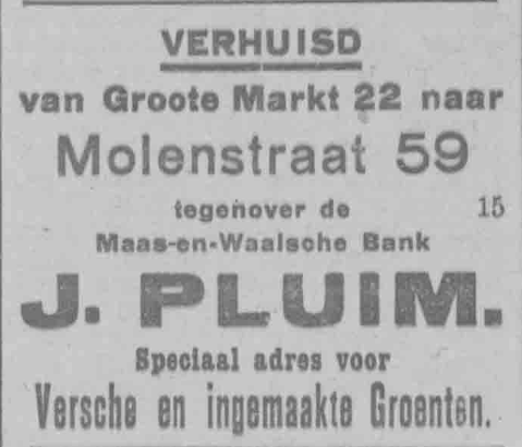 Verhuizing Groenten en Fruithandel Pluijm van Grote Markt naar Molenstraat (PGNC 28/9/1923)