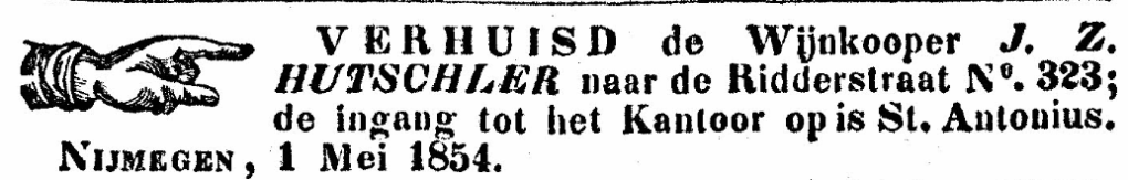 Eerstgevonden vermelding van Hutschler op St. Antonius (PGNC 3/5/1854)