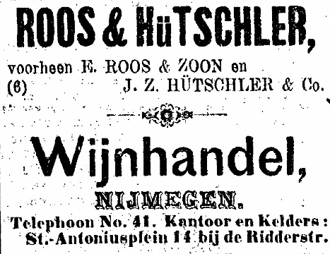 Wijnhandel Roos & Hütschler, St. Antoniusplein 14 (De Gelderlander 3/1/1902)
