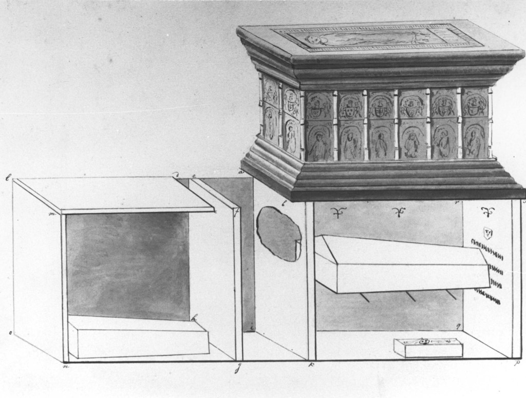 Een tekening van de graftombe en grafkelder van Catharina van Bourbon. Uit de kroniek van Jan Willem van Druijnen (16-5-1790 - 21-4-1854), 1843 (F46033 RAN)