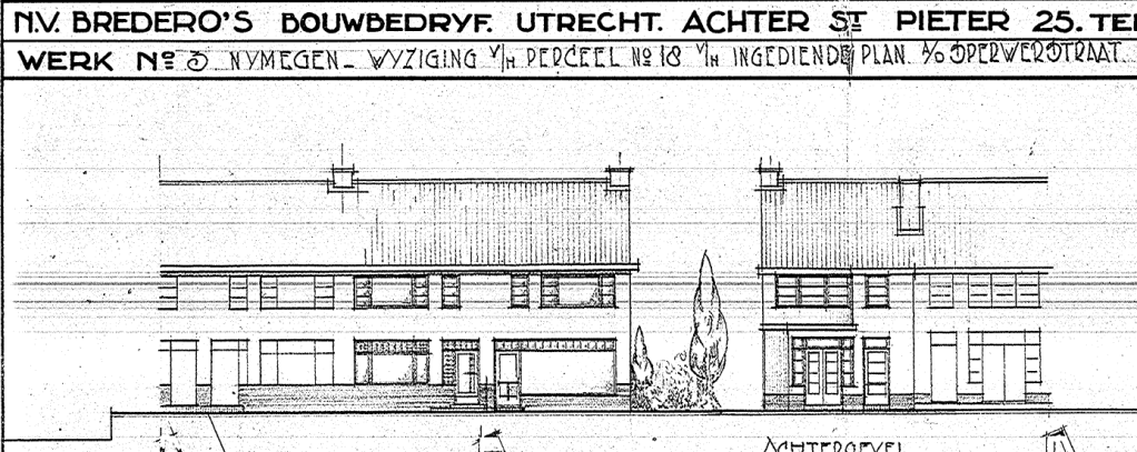 N.V. Bredero’s Bouwbedrijf Utrecht, Werk No. 3 Nijmegen Wijziging v/h Perceel No 18 v/h ingediend plan a/d Sperwerstraat, H. Rysen J.E.(?), getekend 2-7-1931; veranderd 18-7 (D12.396869)