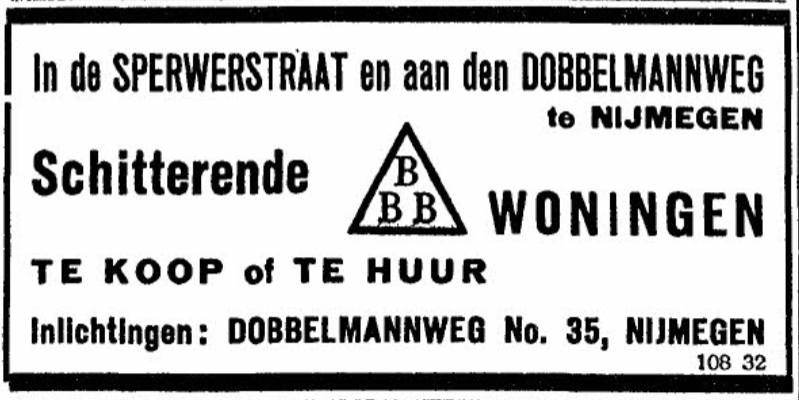 Advertentie Bredero's Bouwbedrijf voor woningen Sperwerstraat en Dobbelmannweg (De Gelderlander 12/8/1931)