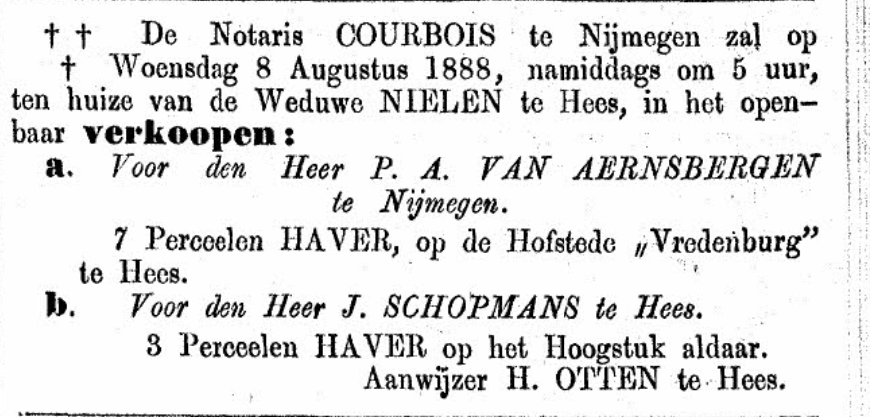 Advertentie Hofstede Vredenburg voor verkoop van haver (PGNC 5/8/1888)