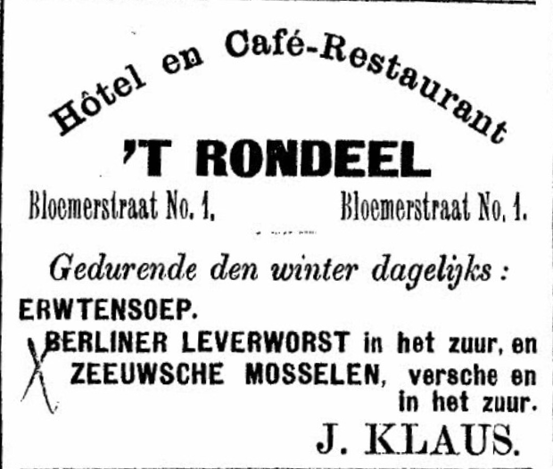 Advertentie 't Rondeel Bloemerstraat 1 van J. Klaus (De Gelderlander 17/11/1893)