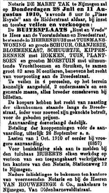 In juli 1910 staat de Buitenplaats Rust en Vrede te koop (De Gelderlander 24/7/1910)