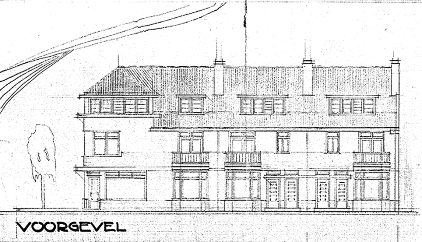 Plan voor het bouwen van een Winkelhuis met Bovenwoning en 2 Beneden- en 2 Bovenwoningen, Gemeente Neerbosch, Sectie A No 1268, Aannemer en Uitvoerder J.W. Princen, datum tekening september 1928 (D12.392468)