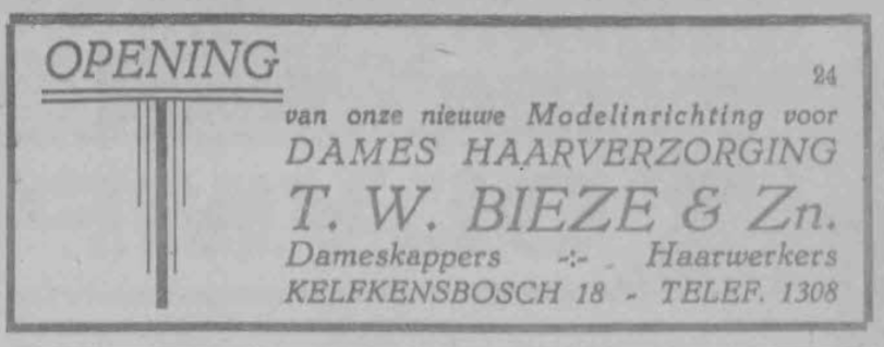 Advertentie opening Kapper Bieze Kelfkensbos (PGNC 21/11/1929)