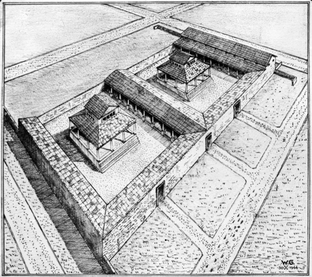 Reconstructietekening van 2 Romeinse tempeltjes uit Noviomagus Romeins Nijmegen, nagelaten geschriften van M.P.M. Daniëls in leven archivaris van Nijmegen. De resten van de tempels werden gevonden in het gebied begrensd door Waterstraat, Biezenstraat en Weurtseweg, tekening rond 1955 (GN11317 - B RAN)