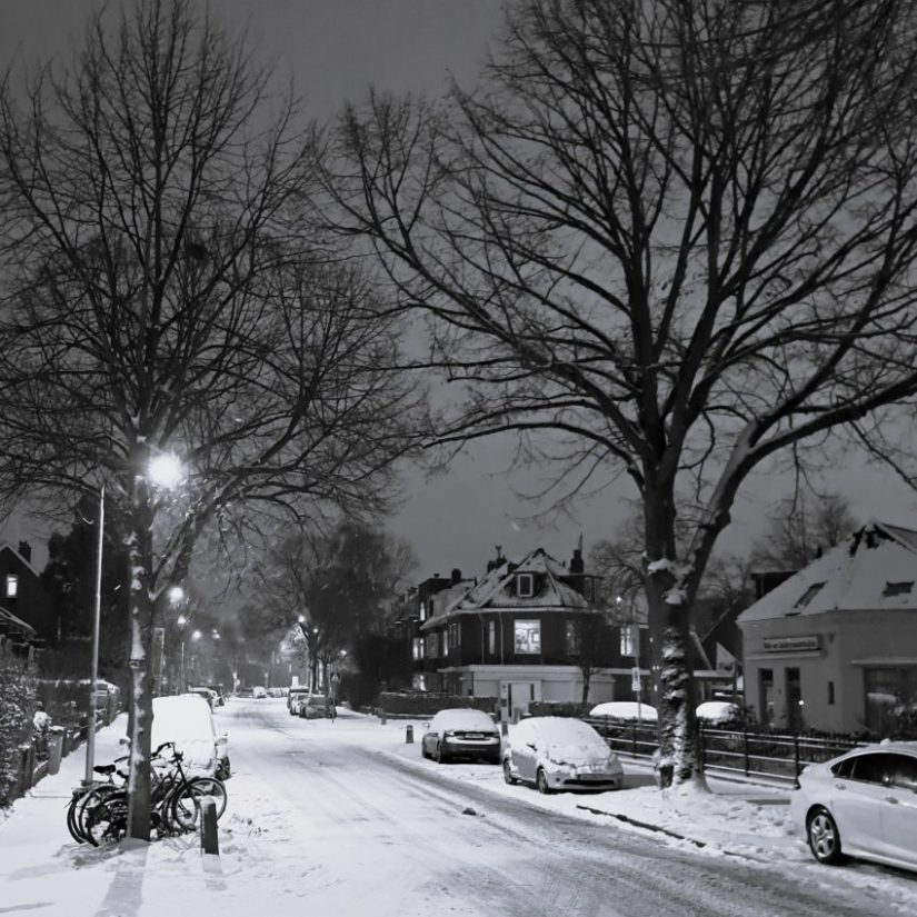 Voorstadslaan in de sneeuw 's avonds (januari 2026)