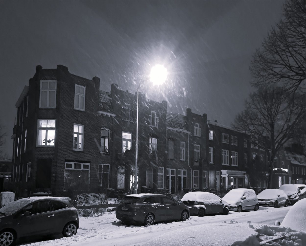 Voorstadslaan in de sneeuw 's avonds (januari 2026)