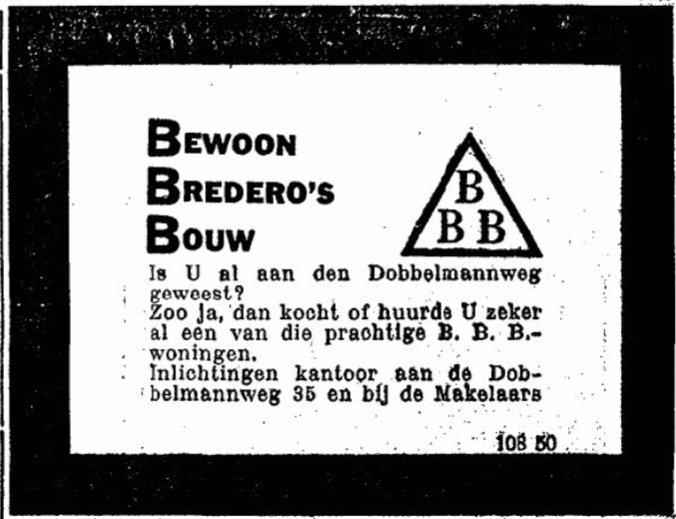 Advertentie Bredero's Bouwbedrijf Dobbelmannweg (De Gelderlander 12/5/1931)