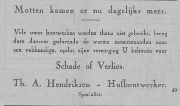 Advertentie Hendriksen herstel bont in de zomermaanden (De Gelderlander PGNC 1/5/1928)