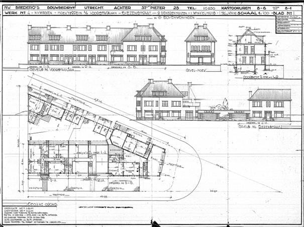 Werk No 4 Nijmegen Hoekterrein a/d Voorstadslaan-Biezenstraat 2 Benedenhuizen 1 Winkelhuis 1 Eengezinswoning en 6 Bovenwoningen, datum tekening 23-0-1931, tekenaar H Rysen Jr (D12.396617)