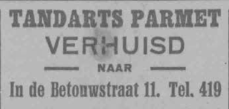 Verhuisbericht tandarts Parmet naar In de Betouwstraat 11 (PGNC 26/7/1924)