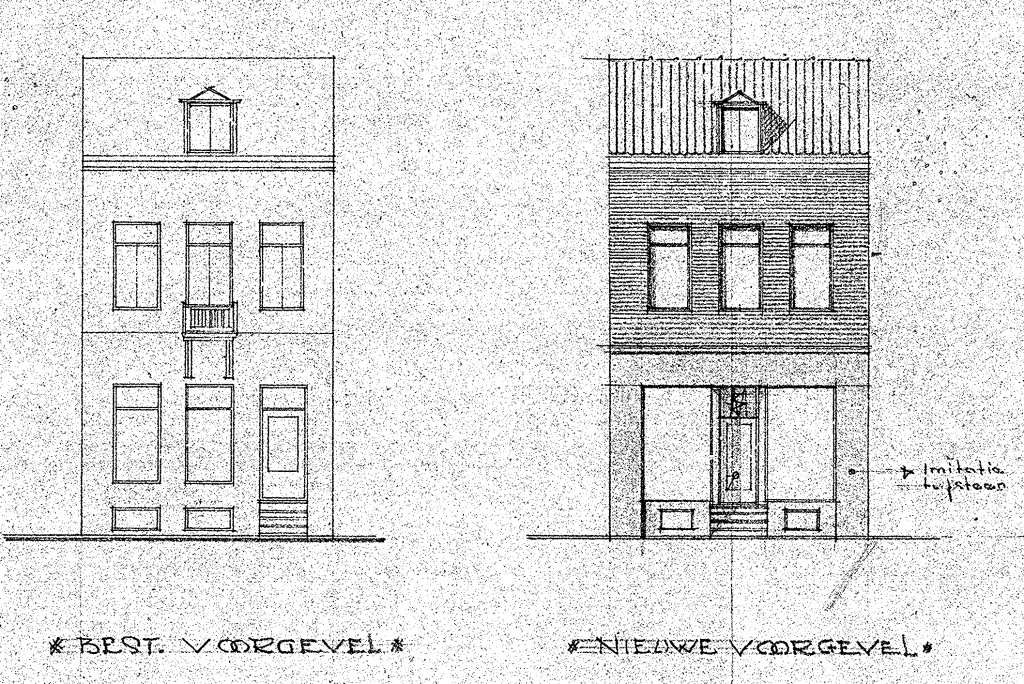 Plan tot verbouwing v/e woning tot winkel voor Dhr. M. Beker In de Betouwstraat 13, J.A. Marquering, Arch. Te Oss, datum tekening 8-2-1954 (D12.419584)
