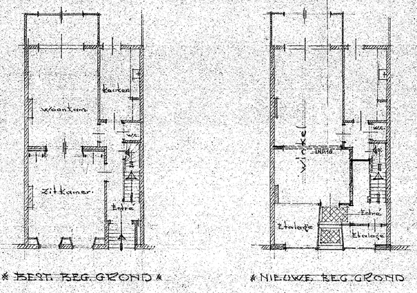 Plan tot verbouwing v/e woning tot winkel voor Dhr. M. Beker In de Betouwstraat 13, J.A. Marquering, Arch. Te Oss, datum tekening 8-2-1954 (D12.419584)