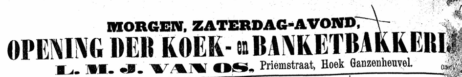 Opening Koek- en Banketbakkerij L.M.J. van Os, Priemstraat 1 (De Gelderlander 9/4/1898)