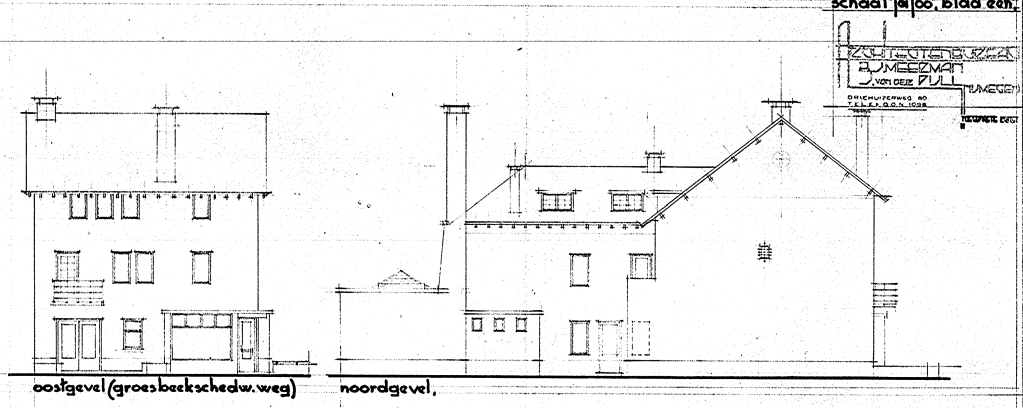 Bouw van een winkelhuis met bakkerij en twee bovenwoningen aan de Groesbeekschedwarsweg hoek geprojecteerde straat te Nijmegen, voor den weled. Heer A. van Merwijk, Burgh. v.d. Berghstraat 28, Achitectenbureau B.J. Meerman J. van der Pijll, datum bij tekening 19-8-1935 (D12.401193)