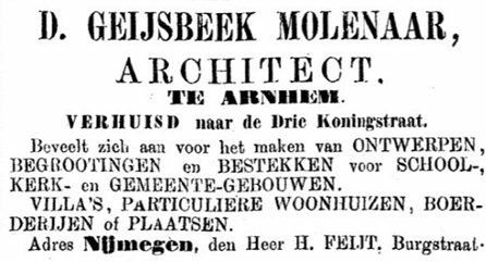 Architect Geijsbeek Molenaar: adressen in Arnhem en Nijmegen (PGNC 15/8/1879)