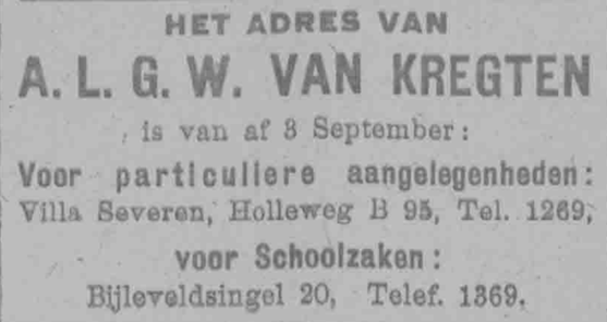 Verhuizing A.L.G.W. van Kregten naar Villa Severen (PGNC 4/9/1917)