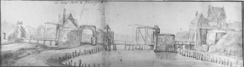 Een gekleurde tekening van de Ziekerpoort (uit 1450 en gesloopt in 1877), 1630 (F54592 RAN)