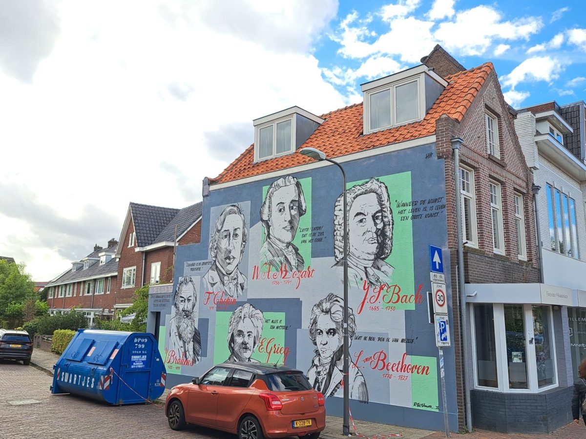 Muurschildering Zes Componisten op blinde muur Mozartstraat, Remco&nbsp;Visser