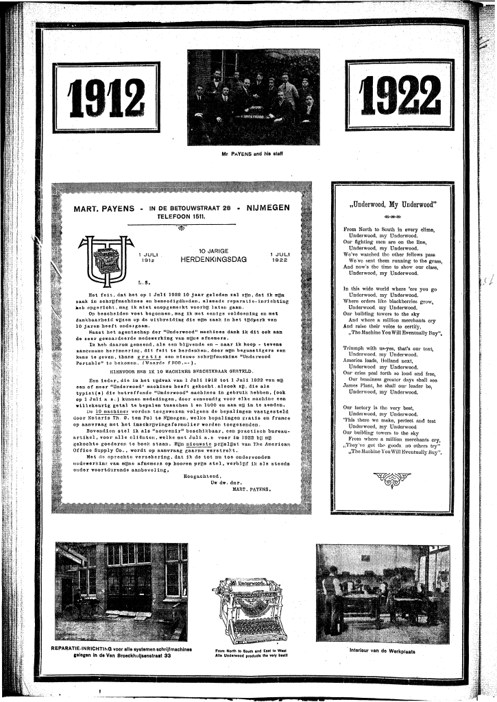 Paginagrote advertentie vanwege 10 jarig bestaan Payens (De Gelderlander 10/2/1922)