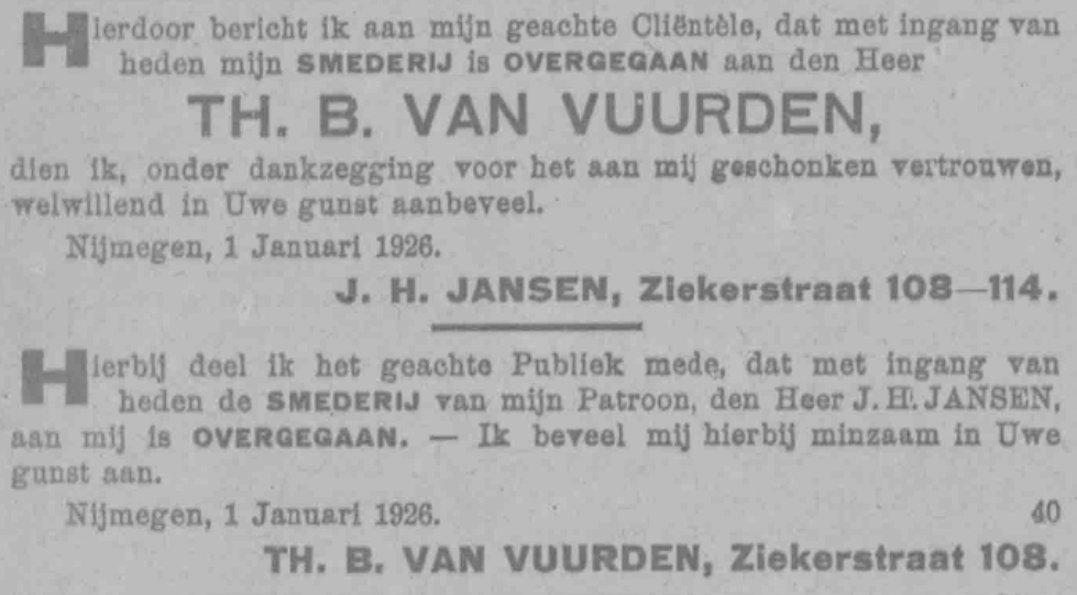 Overname smederij Ziekerstraat 108 (PGNC 2/1/1926)