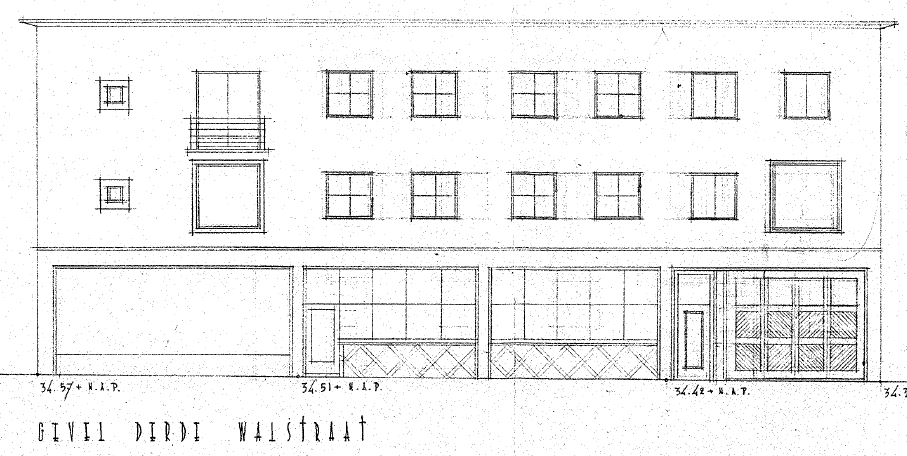Gevel Derde Walstraat: Plan voor het herbouwen van winkels met bovenwoningen aan de St. Jorisstraat, Derde Walstraat en de Lunetstraat te Nijmegen voor de opdrachtgevers van A, C en D Mevr W.A. v. Summeren en de Hr. L. v. Lent en van B de Hr. A.H. v.d.d AA, architect G.B. Treur, datum tekening 8-4-1952 (D12.416002)