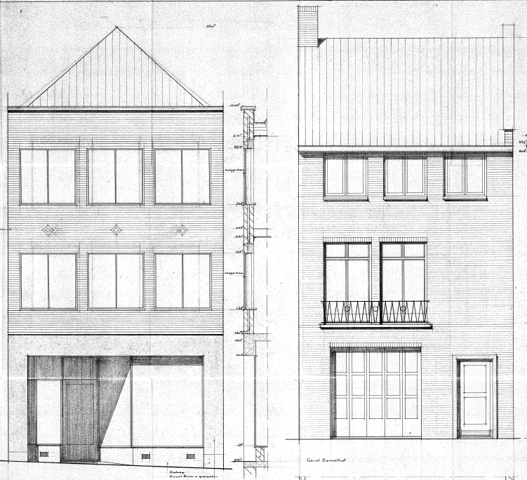 Geveltekening Pand v/d Heer v. Veggel a/d Houtstraat, Arch.bur. Okhuysen b.n.a., datum dossier 10-9-1958 (D12.429619)