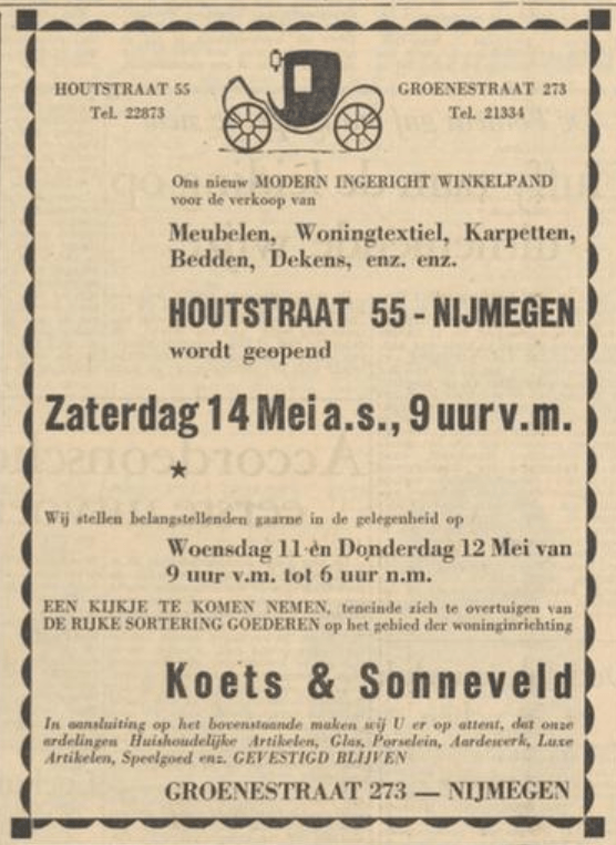 Aankondiging opening Koets & Sonneveld Houtstraat 55 (
Nijmeegsch dagblad, 9-5-1955)