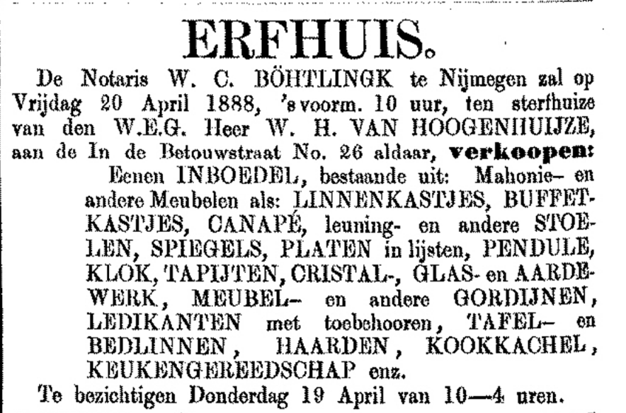 Advertentie verkoop inventaris W.H. van Hoogenhuijze (PGNC 8/4/1888)