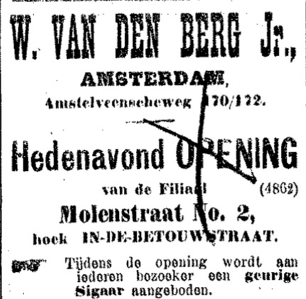 Advertentie aankondiging opening sigarenwinkel W. van den Berg Jr., Molenstraat no. 2, hoek In de Betouwstraat (De Gelderlander 11/8/1901)